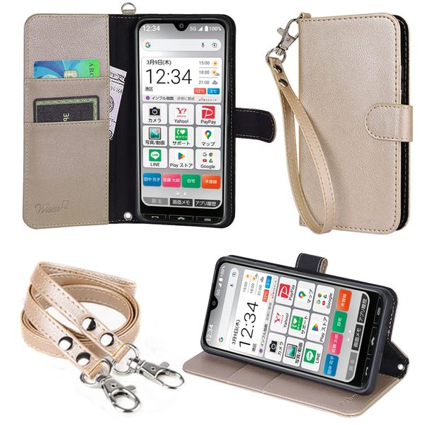 wisers Easy Smartphone 3 A205KC Compatible Notebook Type Smartphone Case (Gold) with 2 Straps (Hand Strap/Neck Strap)