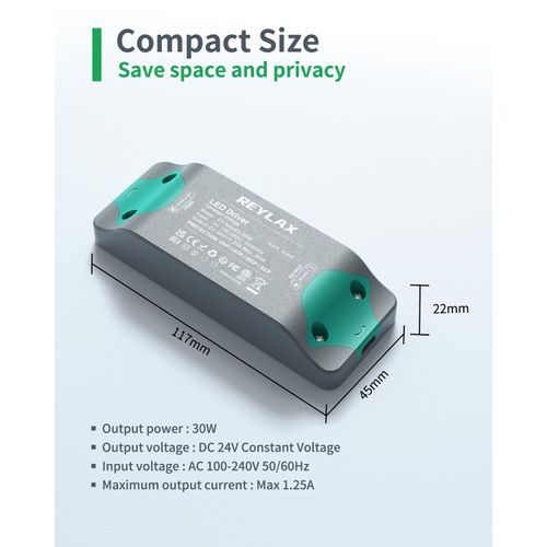 REYLAX 24V LED Driver 30W 1.25A, LED Power Supply Unit, 240V AC to 12 Volt DC Transformer LED-Constant Voltage Driver Adapter-Low Voltage Transformers for DIY Light Strips, LED Bulbs, Ring Doorbell