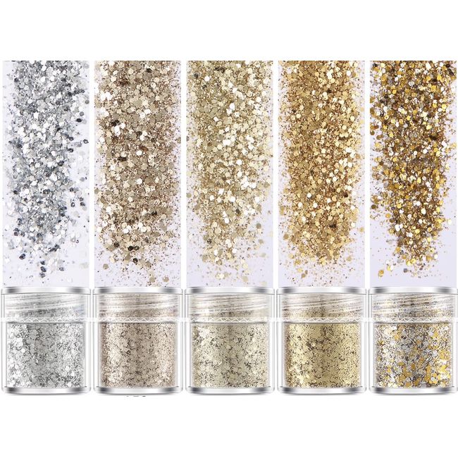 Coollooda Glitter in Container Glitter Nail Parts, Nail Art, Nail Town Glitter Glitter Powder, Hair Ornament, Face Body, Christmas, New Year Party, Set of 5 (Gold Set 1mm & Powder Mix) (Gold Series)