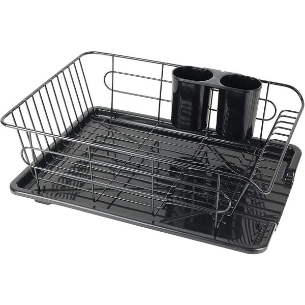 Pearl Metal Aldeo HB-3467 Metal Dish Drying Rack with Tray that Drains Water, Horizontal Placement, Black