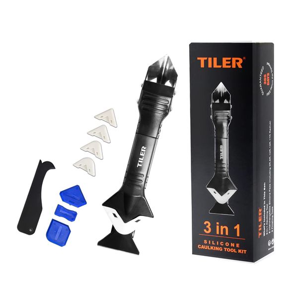 TILER 5 in 1 Silicone Caulking Tools Sealant Finishing Tool Grout Scraper, Reuse and Replace 5 Silicone Pads, Great Tools for Kitchen Bathroom Window, Sink Joint，Frames Seal