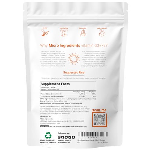Micro Ingredients Vitamin D3 5,000 IU + K2 MK-7 100 mcg, 300 Softgels | 2-in-1 Bone, Immune & Heart Support | Easy to Swallow, Non-GMO