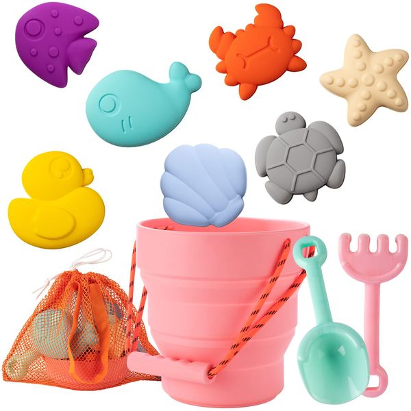 WEYOVGO Silicone Beach Toys Collapsible Beach Buckets Beach Toys for Kids, Sand Bucket and Shovels Set with Mesh Bag Sand Molds, Silicone Beach Sand Pails for Beach Travel