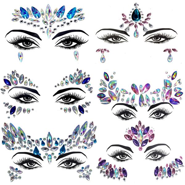 Viso gemme Glitter Stickers Gemstone per feste, strass Stick su Top Eyes, autoadesivo corpo gioielli tatuaggi, donne tatuaggi accessori su musica Carnevale Halloween Christma (6pcs-1)