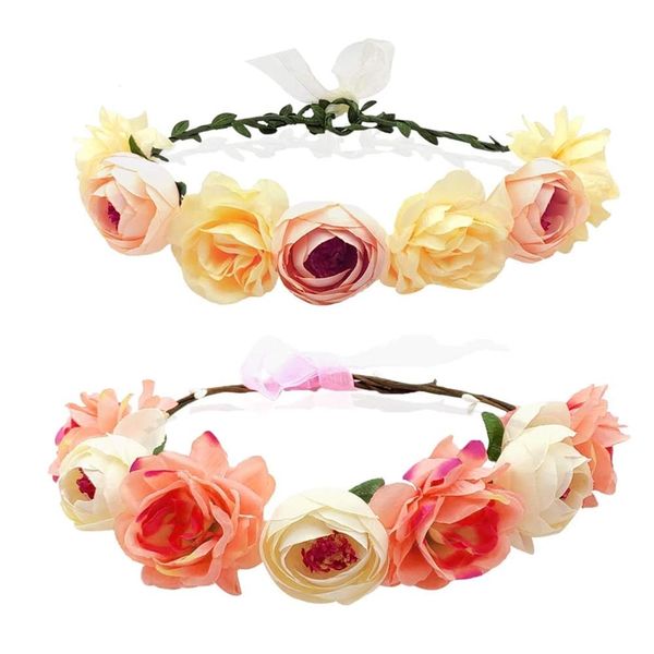 CHIYUYISEN 2Pcs Flower Crown for Women Girls Flower Headbands Flower Girl Headpiece，Bride Bridesmaid Wedding Headdress Flower， Wreath Headband with Adjustable Elastic Ribbon Women Hair Accessories