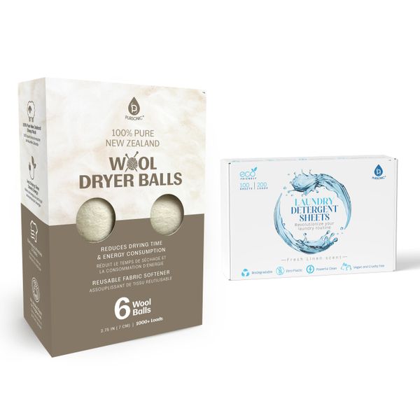 Laundry Care Essentials Bundle: 100 Detergent Sheets + 6 Wool Dryer Balls Pack