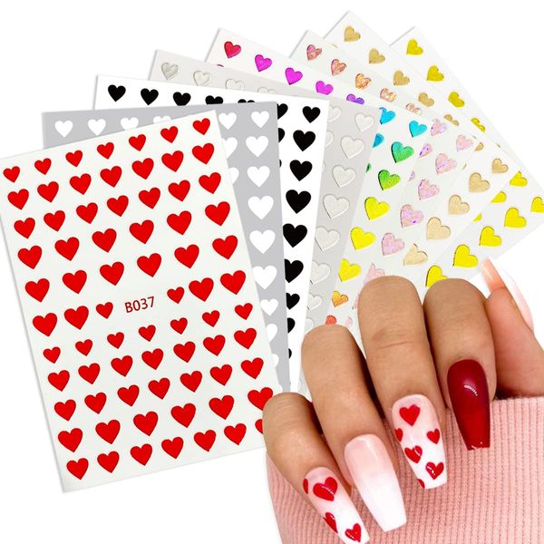 8 Sheets Heart Love Nail Art Stickers Decals 3D Self-Adhesive Nail Art Supplies Heart Nail Art Decorations Heart Design Nail Accessories for Women Girls Kids Manicure Tips Charms DIY Nails Art