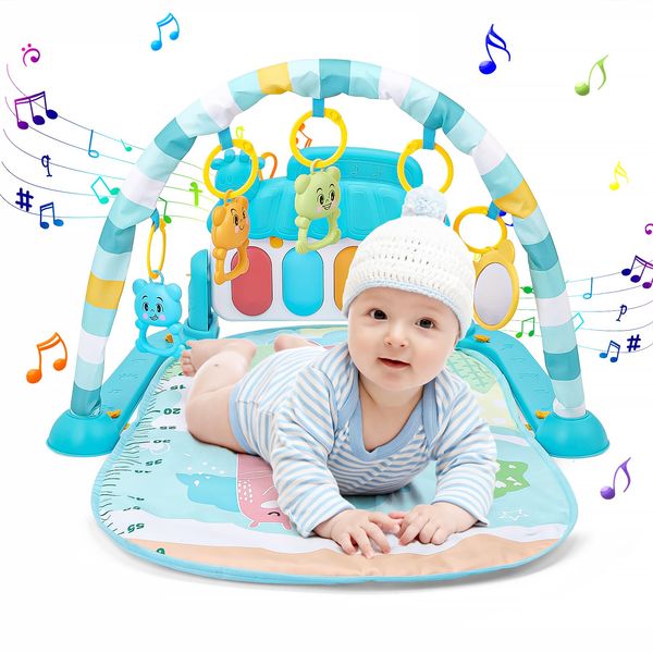 Loevin Baby Play Mat for Babies 0-6 Months,Piano Tummy Time Activity Mat with Music,Play Mat for Babies with 5 Linkable Toys Blue-23