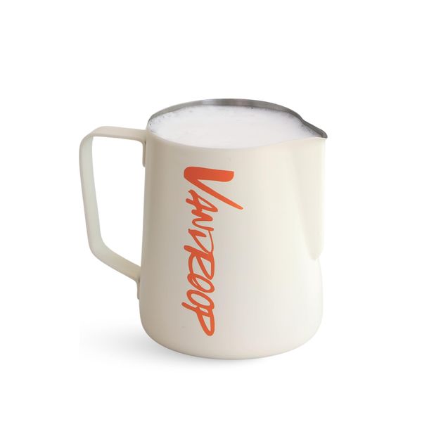 Vandroop 600ml Milchkännchen Edelstahl Barista Aufschäumkännchen Handheld, Milchaufschäumkrug Kaffee Creamer Milch Aufschäumer mit Messung Mark für Latte Art Cappuccino -Beige