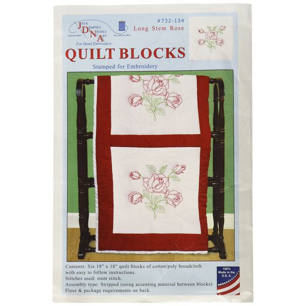 Jack Dempsey Needle Art Stamped White Quilt Blocks 18"X18" 6/Pkg-Long Stem Rose