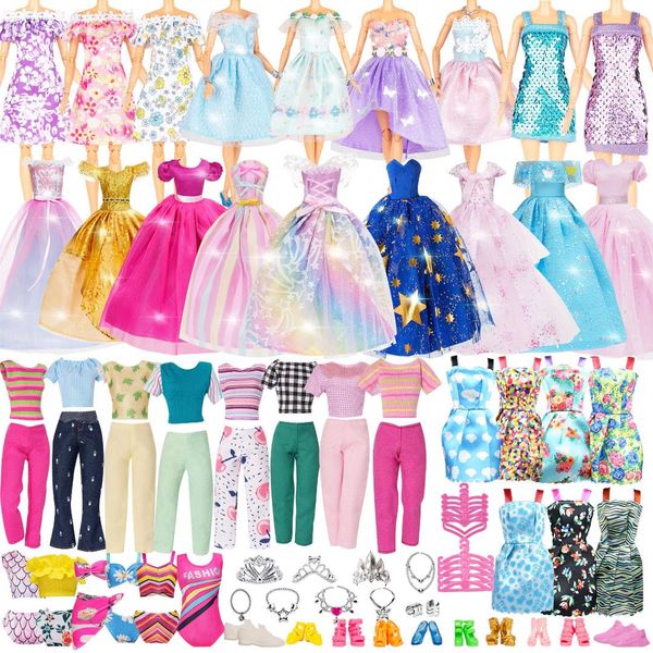 Keysse Doll Clothes and Accessories 59P - 3 Wedding Gown Dresses, 5 Fashion Dresses, 4 Tops and Pants, 10 Braces Skirts, 3 Bikini Swimsuits, 10 Pairs of Shoes, 20 Accessories for Girls