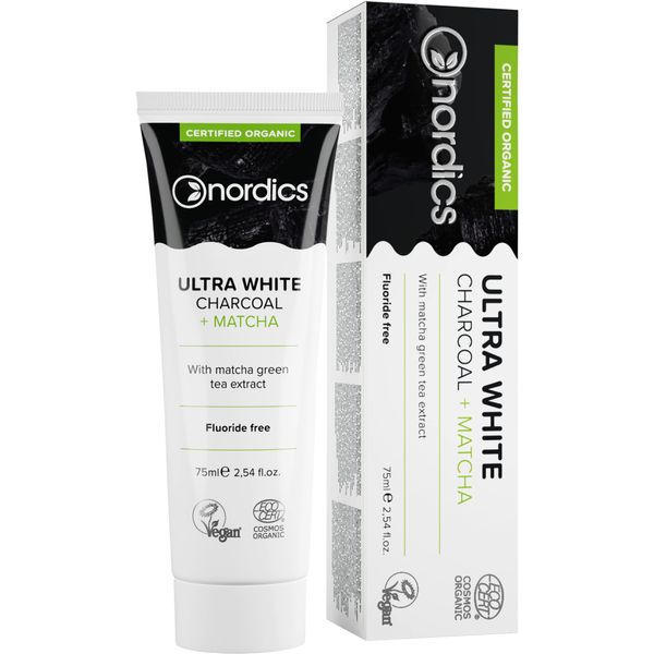 Nordics Teeth Whitening Toothpaste Activated Charcoal and Matcha, 100% Natural Fluoride Free, Vegan Cruelty-Free 75ml