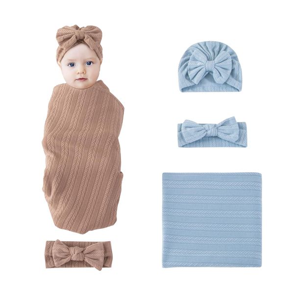 6 Pack 33.5" X 35.5" Baby Receiving Blanket with Matching Headband and Beanie Set Baby Swaddle Blankets for Newborn Boys Girls. (Coffee+Blue)