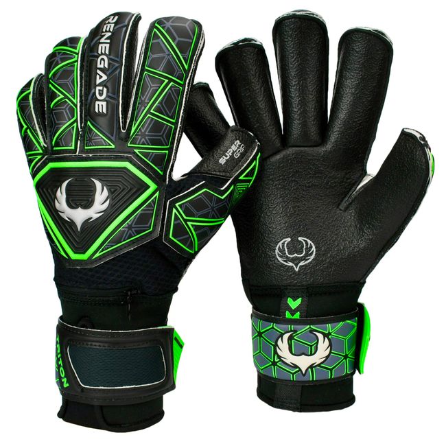 Renegade GK Triton Raider Goalie Gloves with Pro-Tek Finger Savers | 3.5+3mm Super Grip & 4mm Duratek | Black & Green Soccer Goalkeeper Gloves (Size 8, Youth-Adult, Roll Cut, Level 2)