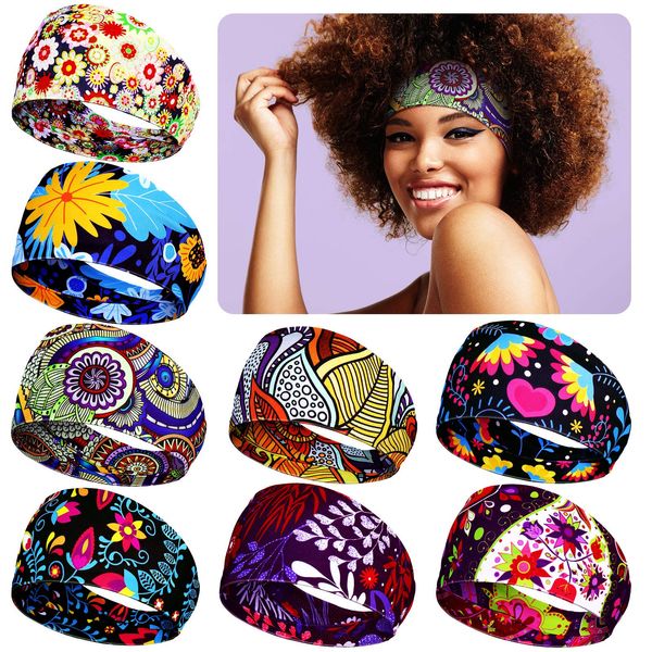 WILLBOND 8 Pieces African Headband Stretchy Boho Print Hairband Yoga Running Sports Workout Head Grip Band Elastic Turban Headwrap Head Cloth for Women Girls Hair Accessories (Floral Pattern)