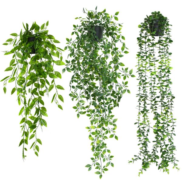 ELTNEGSA Fake Hanging Plants 3 Pack Artificial Hanging Plants Potted Greenery Faux Eucalyptus Vine Mandala Vine Pea Pod for Home Room Wall Office Shelf Indoor Outdoor Bathroom Decor