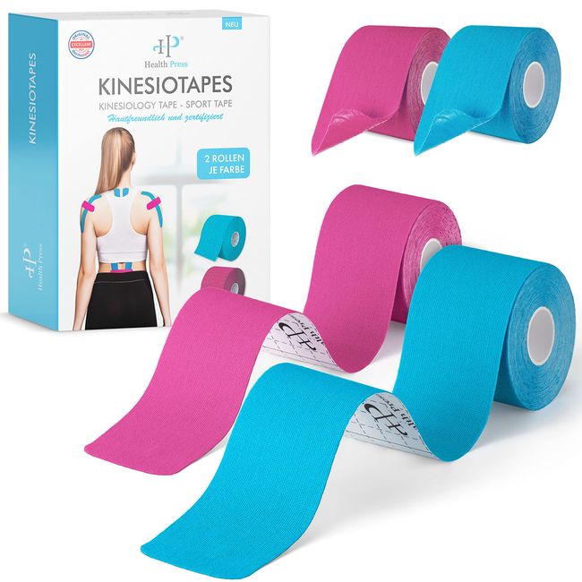 Kinesiotapes - 4 Kinesiologie Tape Rollen 2x Blau + 2x Rosa (5cm x 5m) - Original Health Press Kinesiotape - Profi Physio Tape und Sporttape - Hautfreundliche Tapes DERMATEST: SEHR GUT