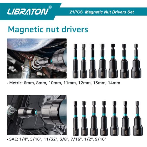 Libraton Magnetic Socket Set of 21, Socket for Electric Drill Driver, 1/4" Hex Shank, Impact Socket, Socket Adapter, Bit Holder, Extension Bar with Case