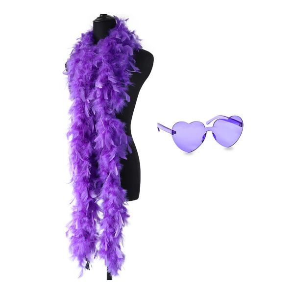 db11 Colorful Feather Boas, 6.6ft Feather Boa for Women for Dancing Wedding Party Cosplay Halloween,with Heart Rimless Sunglasses (Purple)