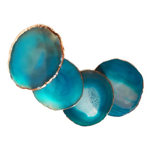 Moon&Decor Sliced Agate Coasters (Crystal) | Geode Coasters - Set of 4 - for Drinks Home Decoration and Gifts - 100% Natural with Golden Rims (Blue)