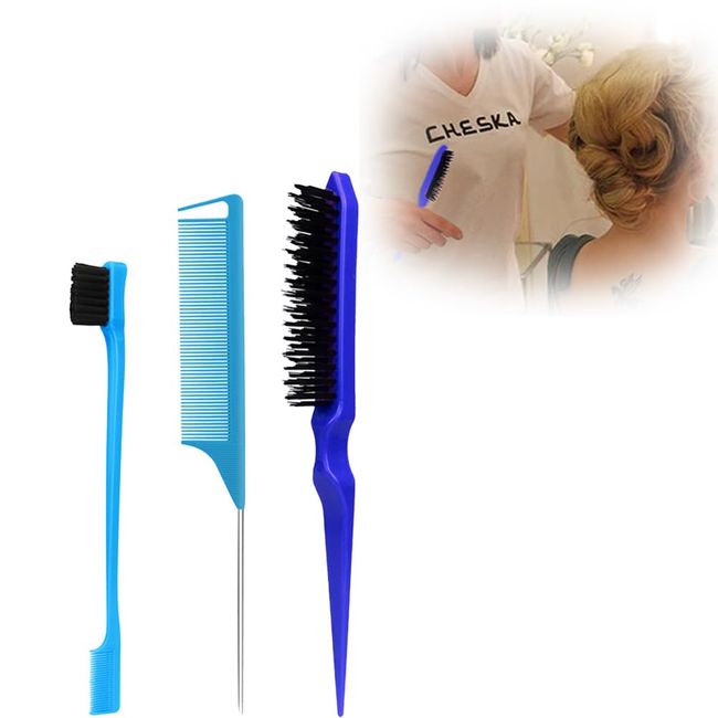 Smooth Bun Brush 3 Piece Set, Bilateral Brush Picking Hair Colour Brush Set und Rat Tail Comb, Bristle Hairdressing Comb, Hairdressing Side Brush Comb for Hairdressers, Women, Babies, Children (Blue)