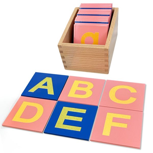 Delmach Montessori Sandpaper Letters | Uppercase | PP Wood Tiles | Vowel Consonant Color Coded | Includes Storage Box