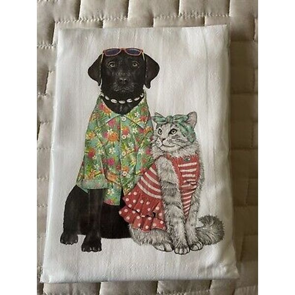 Mary Lake Thompson Beach Pets Flour Sack Towel Black Lab With Grey Cat