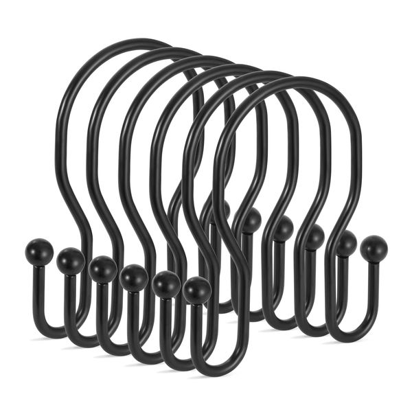 24 Pack Double Shower Curtain Hooks Rings, TENOVEL Double Sided Shower Curtain Hooks Rust Proof for Shower Curtain, Stainless Steel Bathroom Shower Hangers Rings for Shower Rods, Matte Black