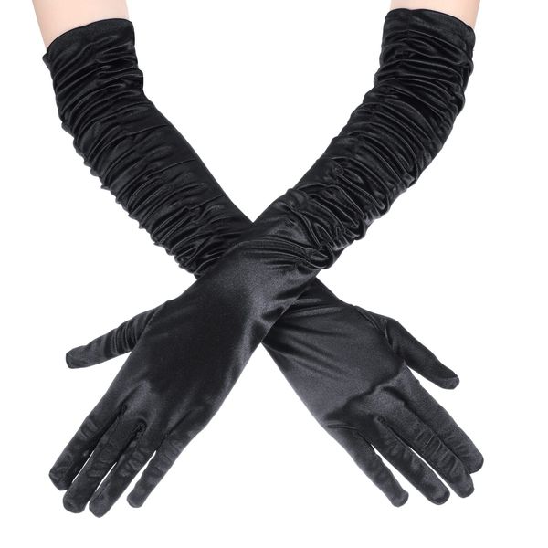 20s Halloween Long Ruched Satin Gloves Opera Gloves Long Ladies Evening Gloves Women Satin Elbow Gloves Halloween Costume Gloves Pleated Black Gloves for Bridal Fancy Dress Costume Wedding Prom