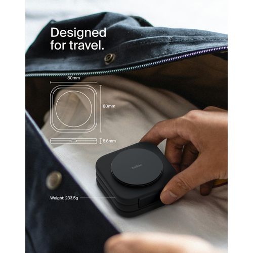 Belkin MagSafe Charger Compatible 3-in-1 Magnetic Charging Travel Pad 15W-BoostCharge Pro Foldable Qi2-Certified Wireless Charger, MagSafe-Compatible Charger for iPhone 16 Series, Apple Watch, AirPods