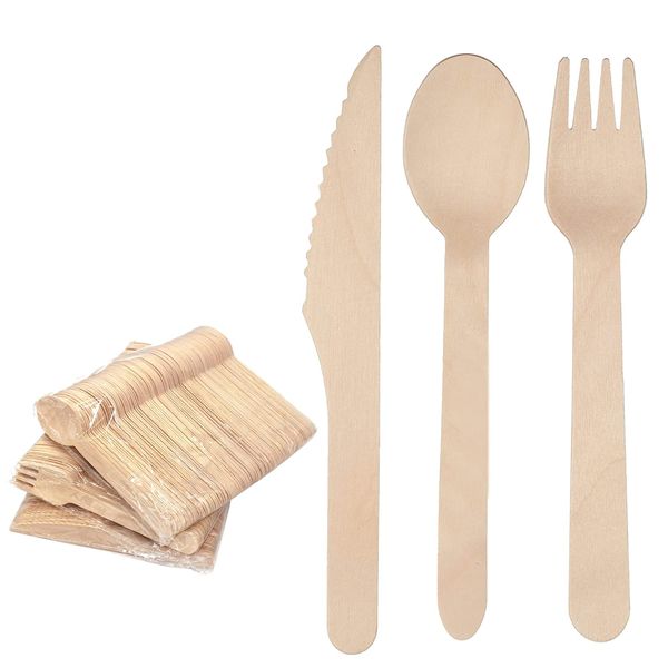 SPHIRES Wooden Cutlery Set 300pcs - 100% Biodegradable Non-Plastic Eco Friendly Disposable Cutlery Set for Party, Wedding & Picnic - 100pcs Spoons, 100pcs Knives and 100pcs Forks Set (Pack of 300)