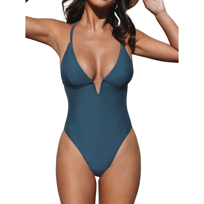 CUPSHE Damen Badeanzug V Ausschnitt Tiefer Rückenausschnitt Crossback Figurformend Einteilige Bademode Swimsuit Blau L