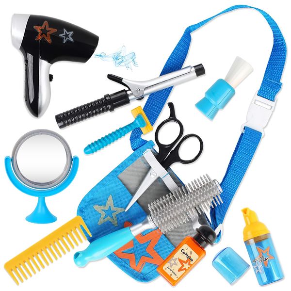 deAO Stylist Hairdresser Barber Salon Role Play Set with Hairdryer, Curling Iron, Belt and Styling Accessories Included – Great Pretend Play Set for Kids