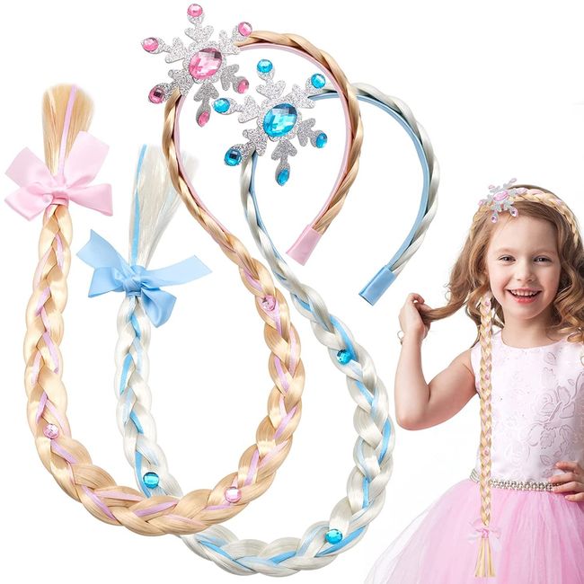 2Pcs Rapunzel Hair Wig for Kids Girls, Princess Dress Up Wigs, Frozen Elsa Ponytail Hair Extension,Snowflake Princess Hairpiece Headband Hairband, Braided Wigs,Tangled Dress Costumes