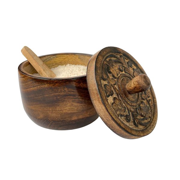 Rustic Salt Box Cellar with Hand Carved Lid & Spoon, Wooden Salt Pinch Bowls | Wood Salt Keeper, Spice Bowls for Cooking, Salt Pepper Tea Sugar Holder for Kitchen, Thanksgiving Christmas Holiday Gift