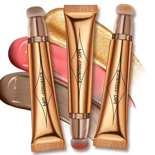 Flüssiges Rouge Highlighter Contour Stick Set, Cream Liquid Highlighter Blush Beauty Wand,Blendable Silky Gesicht Make-up Stick,Matte Flüssiger Contouring mit Kissen Applicator