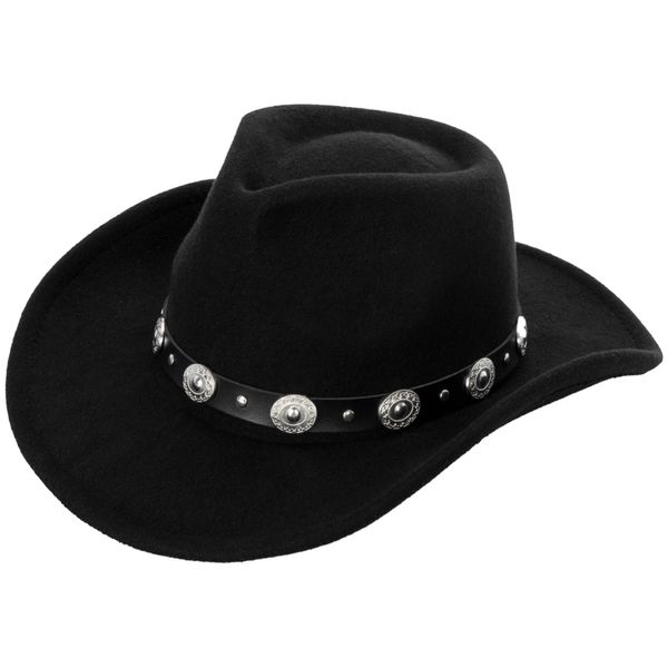 Classic Western Cowboy Hat for Women and Men Roll Up Wide Brim Felt Fedora Hats Cowgirl Hat with Belt Buckle Black