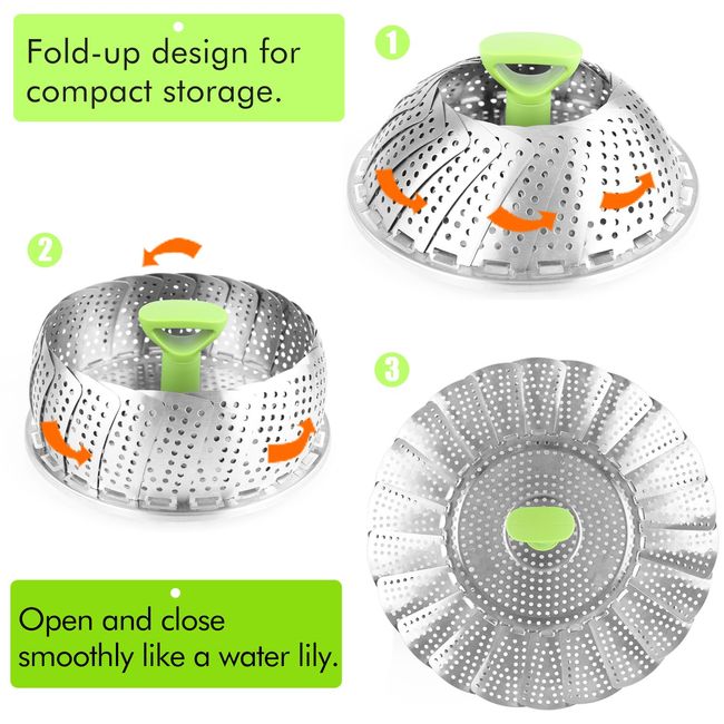 Consevisen Vegetable Steamer Basket Stainless Steel Collapsible Steamer Insert for Steaming Veggie Food Seafood Cooking Metal Handle Foldable Legs Fit