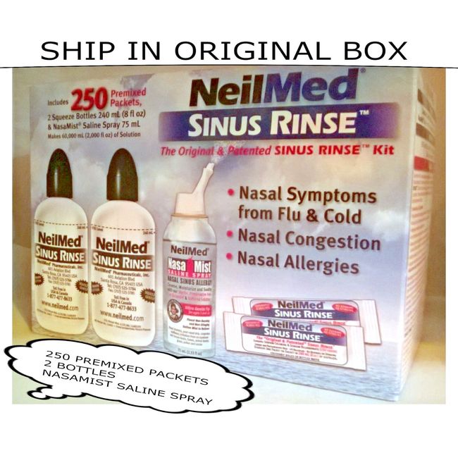 NeilMed Sinus Rinse Kit 250 Premixed Packets + 2 Bottles + NASAMIST SALINE SPRAY