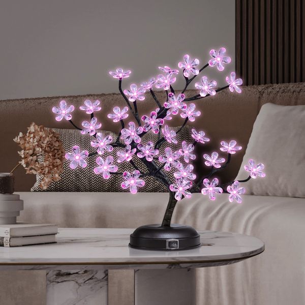 LIGHTSHARE 18-inch Crystal Flower LED Bonsai Tree, Pink Light, 36 LED Lights, Battery Powered or DC Adapter(Included), Built-in Timer