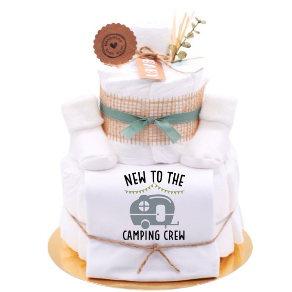 Trend Mama® | Sprüche Windeltorte Babybody | New to the Camping Crew | Baby Body und Kuschelsocken | Geschenk Geburt (BABYBODY |62)