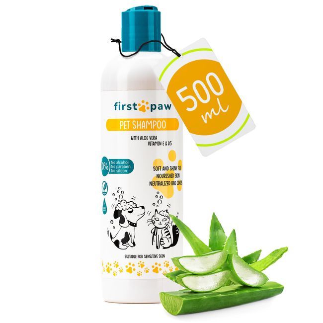 FIRSTPAW Pet Shampoo, Welpenshampoo, Hundeshampoo und Katzenshampoo 500ml mit Aloe Vera - Geeignet für Sensitive Haut, 100% Vegan Rückfettendes Shampoo für alle Hunderassen und Felltypen