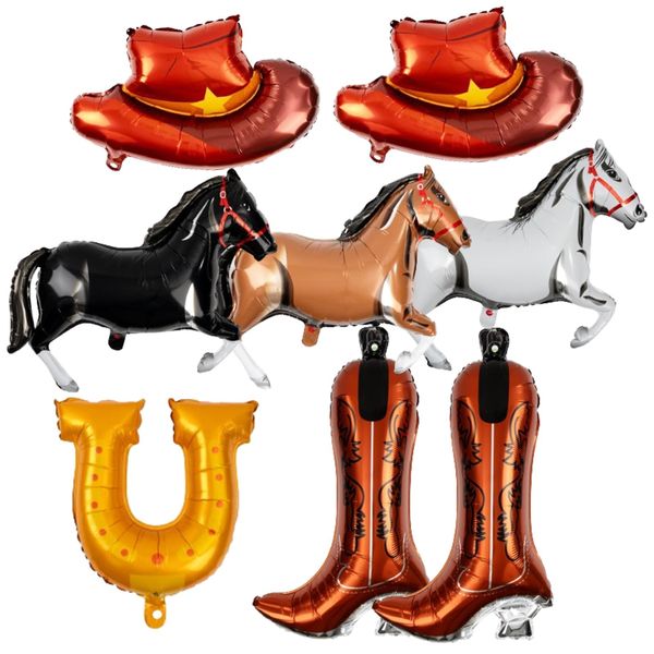 8Pcs Western Party Decorations Foil Balloons with Cowgirl Hat Balloons Boot, Horse Balloons and a U-shaped Foil balloon for Western Cowboy Rodeo Birthday Party Bachelor Party Wedding Decor Supplies