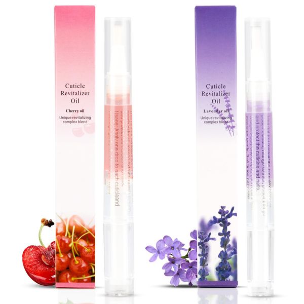 Meschett 2PCS Cuticle Oil Pens for Nail Care,Cuticle Revitalizer Oil Pen with Soft Brush,Cuticle Oil to Prevent Nail Cracking and Dry (Cherry & Lavender Flavor)