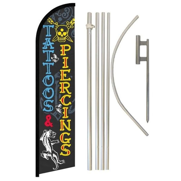 Tattoos & Piercings Black Windless Banner Flag & Flag Pole Kit & Ground Spike