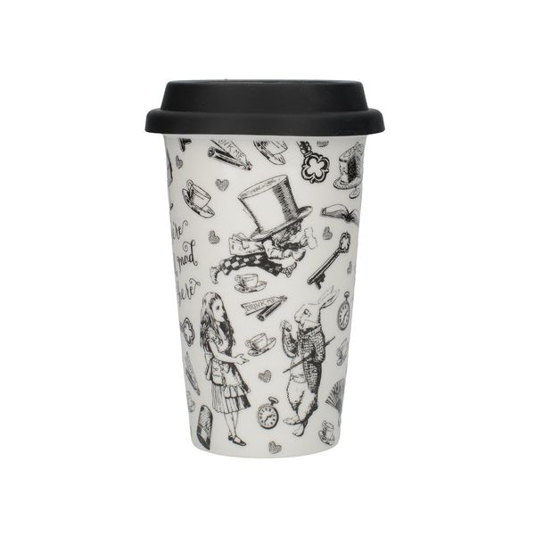 Victoria & Albert Ceramic Travel Mug, Alice in Wonderland' Design, Fine Bone China, 19.5 x 15.5cm, Black & White