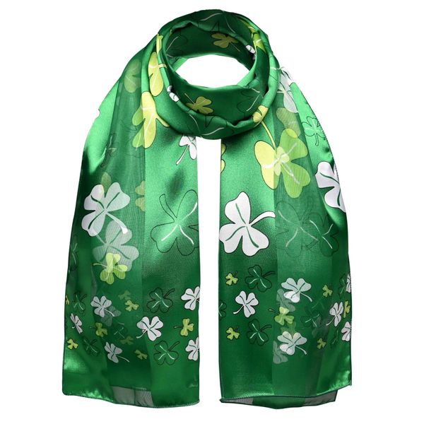 St. Patrick Clover, Shamrock Print Satin Stripe Scarf, Green