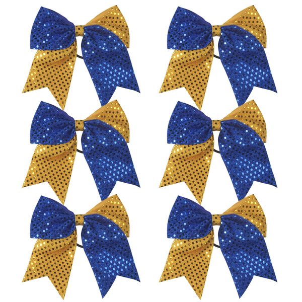 8 Inch 2 Color Cheer Bows Cheerleader Ponytail Holder with Bling Fling Sequin Hair Tie Cheerleading Bows 6 Pcs (Royal Blue/Gold)