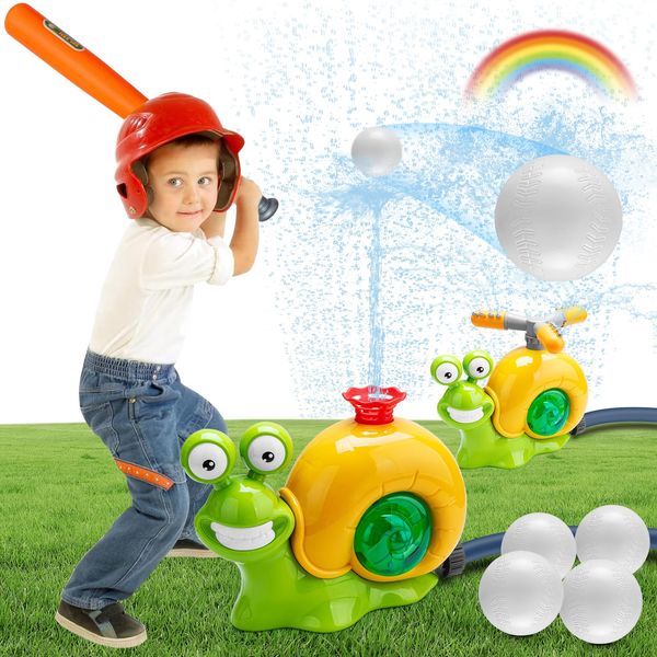 Water Sprinkler Baseball Toy for Kids, 2 in 1 Snail Spray Water Toy with 360° Rotating Sprinkler Heads, Attaches to Garden Hose, Summer Outdoor Toy Backyard Game for Boys Girls Age 3 4 5 6 7 8 12 Gift