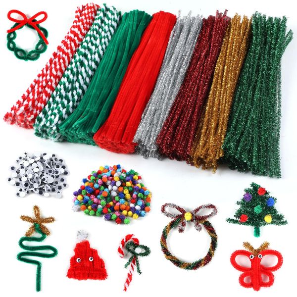 gisgfim 1000 PCS Christmas Pipe Cleaners Craft Set Red Green White Chenille Stems 12Inch Craft Supplies Bulk with Pom Poms Wiggle Google Eyes for DIY Art Creative Gift Winter Xmas Holiday Party Decor